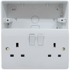 2 Gang 13 Amp Wall Socket with 32mm Surface PVC Conduit Back Box Double Twin