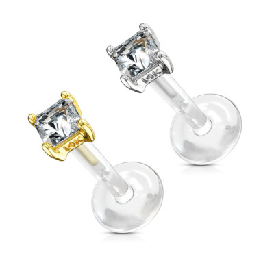 Labret Monroe with Square Princess Cut CZ Prong Set Design on Flex Shaft 14 Kt 