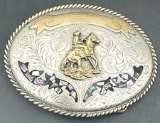 Vintage Cowboy Horse Belt Buckle Abalone Inlay Rodeo Western Alpaca Mexico