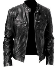Men's Motorcycle Leather jacket Genuine Buffalo Skin Brando Style Black Biker
