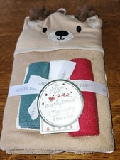 Modern Baby Boy Reindeer Hooded Towel 3 Washcloth Set Christmas Holiday