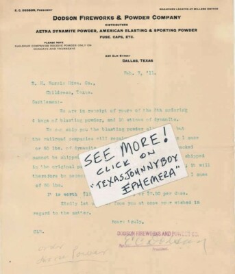 1911 E. C. DODSON FIREWORKS & POWDER COMPANY dynamite explosives LETTERHEAD