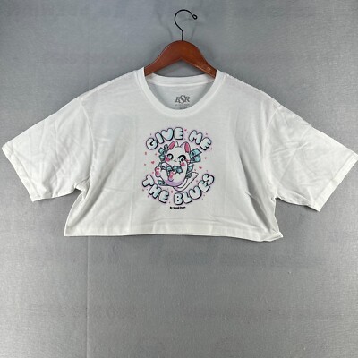 Samii Ryan Womens Crop Graphic Tee Large White Kitty Give Me the Blues Short Sle