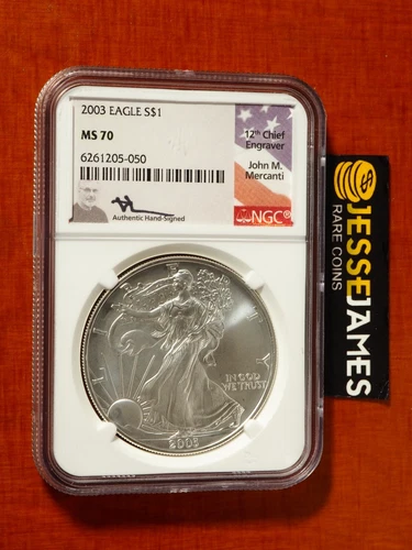 2003 AMERICAN SILVER EAGLE NGC MS70 JOHN MERCANTI SIGNED BEAUTIFUL COIN LOW POP!