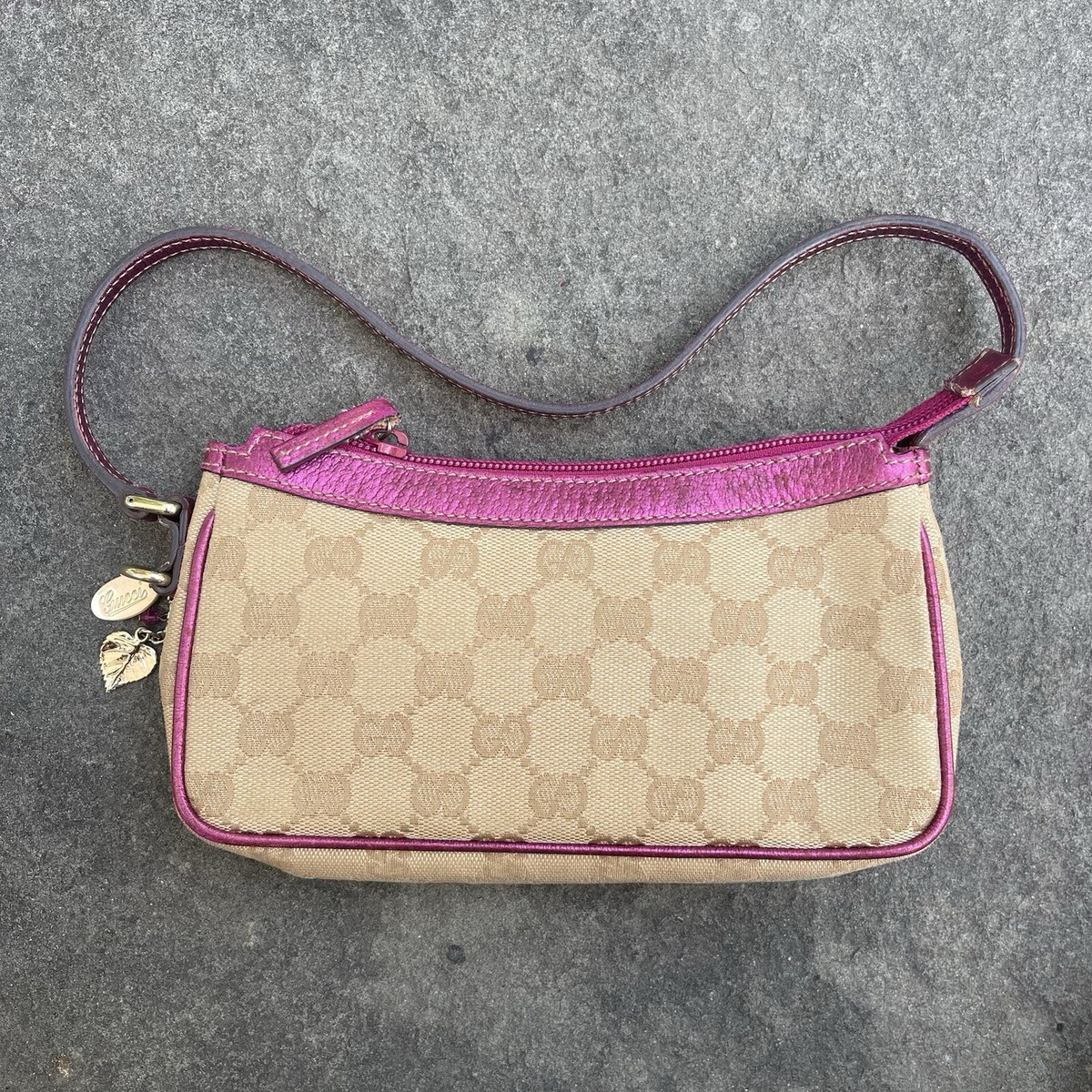 Gucci Pink/Beige GG Canvas and Leather Charm Pochette Bag | eBay Gucci Pink/Beige GG Canvas and Leather Charm Pochette Bag | eBay