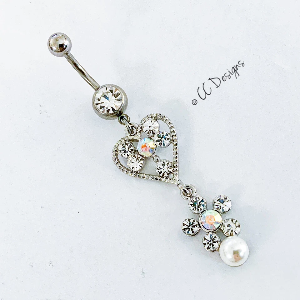 14g Brillo Cuelga Multi Circonita Corazón Flor con Gota Perla Anillo Vientre (B402) Foto 2 de 3