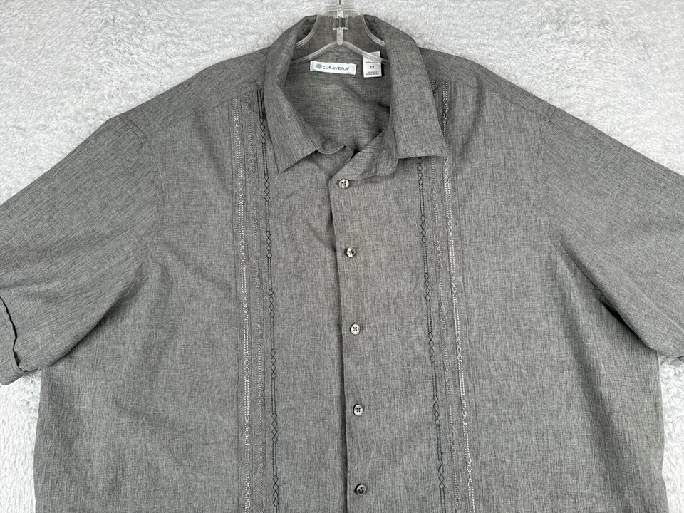 Camisa Cubavera Adulto 2XL XXL Gris Bordada Lino Mezcla Rayón Abotonada Foto 4 de 4