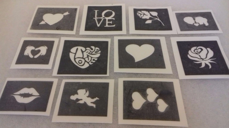 DAZZLE GLITTER TATTOOS 30 x San Valentino mini piccoli stencil per acquaforte su vetro amore cuore regalo