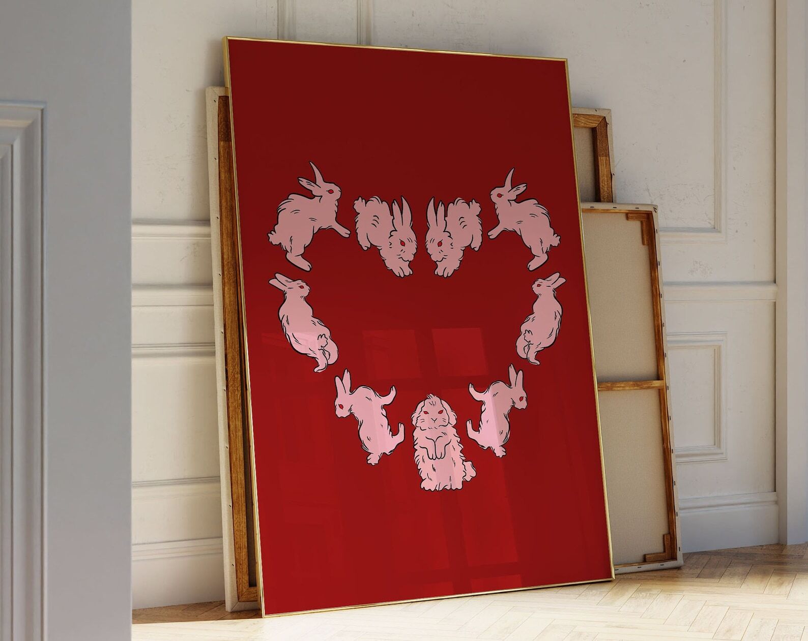 Minimalist Rabbit Wall Art Cute Bunny Decor Pink Heart Design Instant For