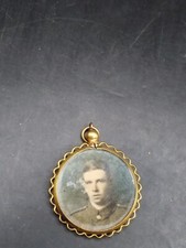 antique Yellow metal glass photo pendant WWI Uniform Possibly Brothers