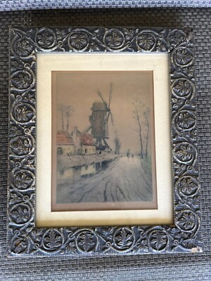 Antique LOUIS ÉTIENNE DAUPHIN Village with Windmill Engraving Artist Signed