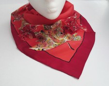 1950's Symphony Silk Scarf Red Fall Colors Maple Leaves w Orig Brass Violin Tag