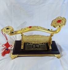 Feng Shui Metal Golden Ru Yi Scepter with with mystic red knot stand and case