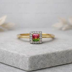 Authentic Lab Created Watermelon tourmaline Ring, Base Metal: Finish: Gold Plated