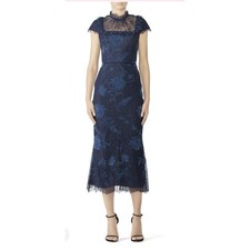 Marchesa Notte Sheath Dress Women 8 Navy Blue Excellent Floral Lace Embroidered