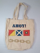 Cream Colored Canvas Tote Bag With Nautical Flags & AHOY! Word Design