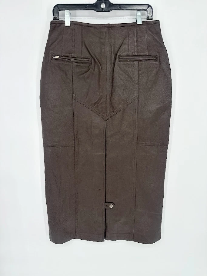 Maxi Falda De Colección Y2K Cuero Real Talla 14 Marrón Botón Frontal Años 90 Rara Minimalista Foto 3 de 4
