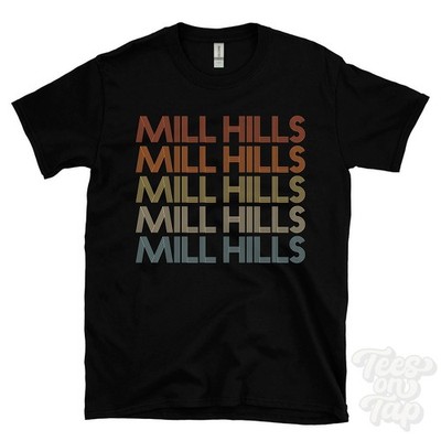 MILL HILLS REPEATED RETRO STYLE T-SHIRT mens & womens uk place name gift