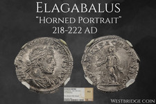 Elagabalus Denarius, "Horned Portrait". NGC AU, Rome Mint AD 221-222
