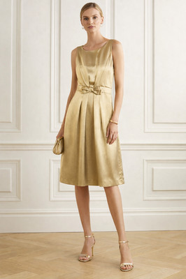 Basque Metallic Dress Size 8 Gold  Bow Evening Satin Elevated Classic Cocktail