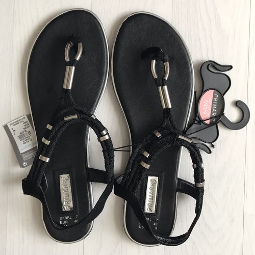 Black Gladiator Style Flat Sandals With Silver Detail - Size 7