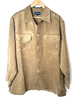 Alan Flusser Shirt Men's M Brown Button Up Pockets Collared Micro Suede Relaxed