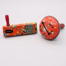 Set of 2 Wood Handle Tin Noisemakers Kirchhof  US Metal Toy Mfg. Vintage USA