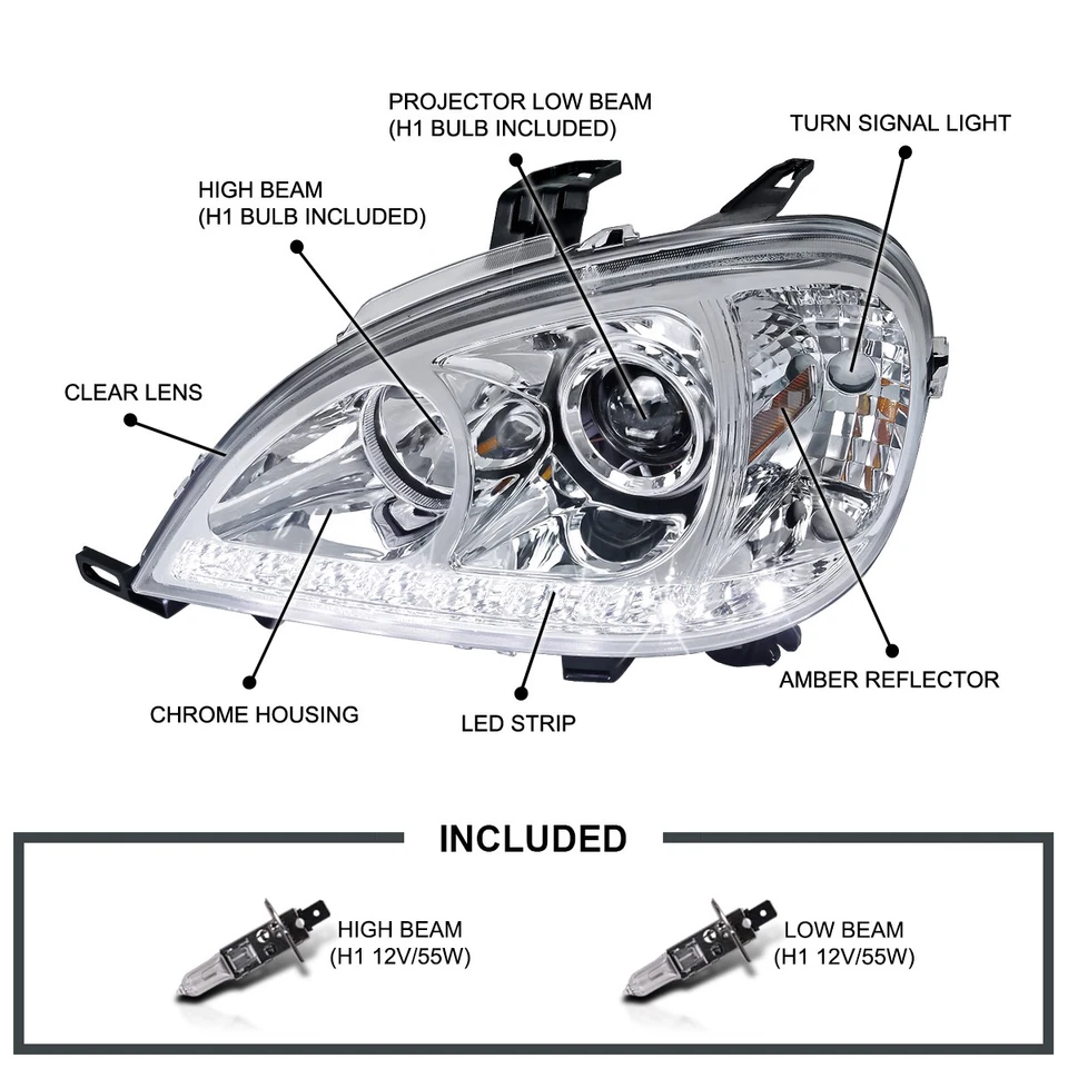 Fits 1998-2001 Mercedes Benz W163 ML320 ML430 LED Strip Projector Headlights Foto 3 de 4