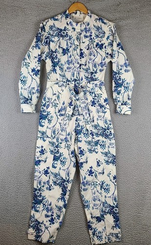 Anthropologie LUCIENNE Belted Long Sleeve Floral Jogger Jumpsuit Sz 6 White Blue