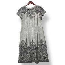 Talbots Women Jacquard Border Wool Fit Flare Dress 8 Gray Minimalist Office Chic