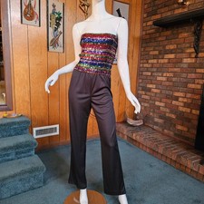 Vtg 70s 80s Disco Glam Slinky Rainbow Sequin Cocktail Party Strapless Jumpsuit M