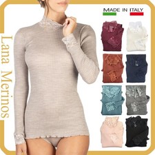 Maglia Intima Donna Elegante Lupetto Lana Manica Lunga a Collo Alto in con Pizzo