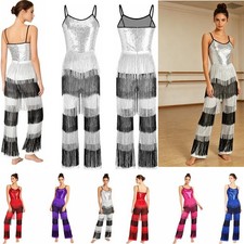 US YiZYiF Tassel Dance Jumpsuit Women Unitards Sequin Fringe Romper Disco Wear