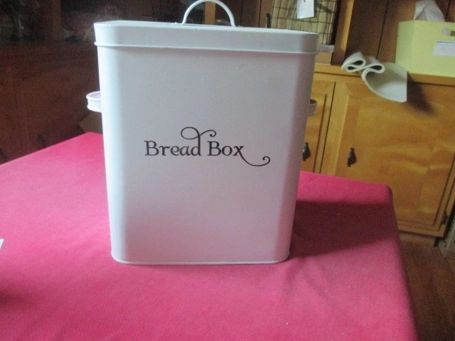 Cute Enamelware White w/ Black Script Bread Box Farmhouse Decor 12x7x9"