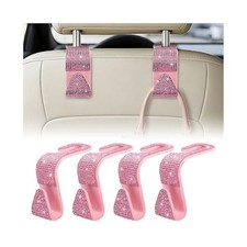 HZEL 4PCS Crystal Rhinestone Vehicle Headrest Hooks for Bags, Pink
