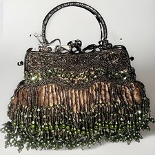 Beaded PURSE Art Deco Style Evening Bag Fringe Kiss Lock/ VTG NEW DEADSTOCK