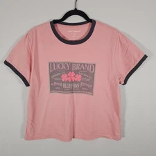 Lucky Brand Womens Medium Crop Top Salmon Colored Ringer T-Shirt