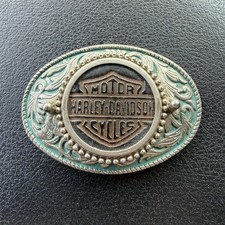 Vintage Harley Davidson Metal Belt Buckle w Leather Logo USA 70's