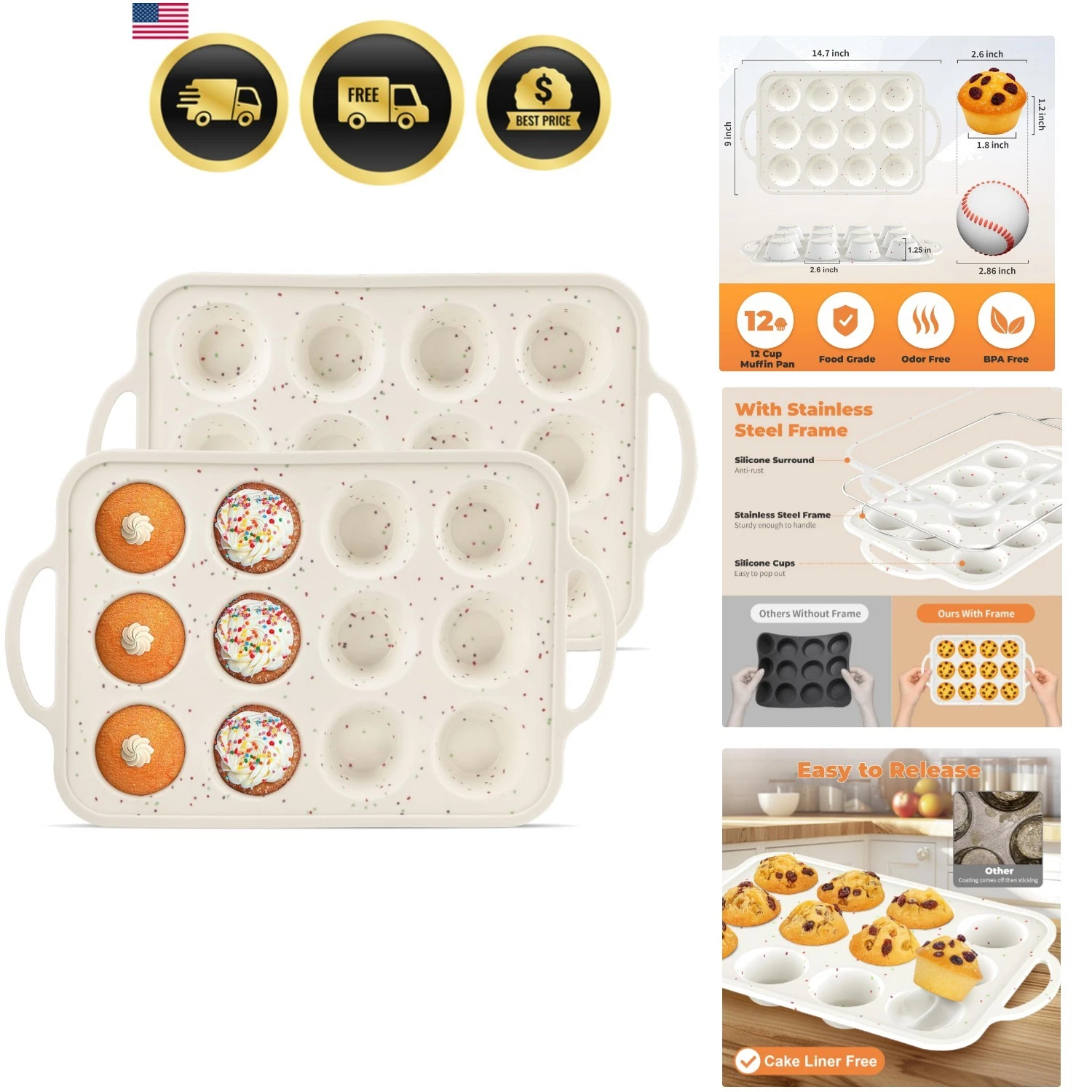 2Pack Silicone Muffin Pan For Baking With Metal Reinforced Frame, 12 Cup Regu...