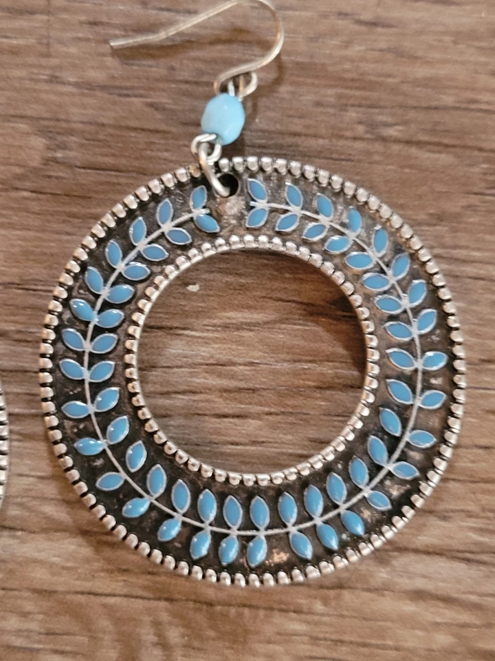 Western Style Earrings Blue Dangle Drop Circular Shape Pierced Hook Women's... - Image 3 of 4