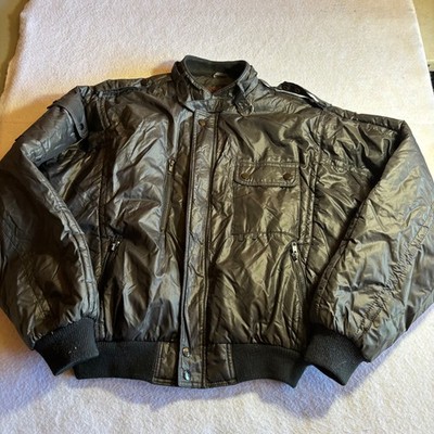 Vintage UPSTREAM RACING DIVISION Mens Bomber Jacket Black Shiny Retro Style L