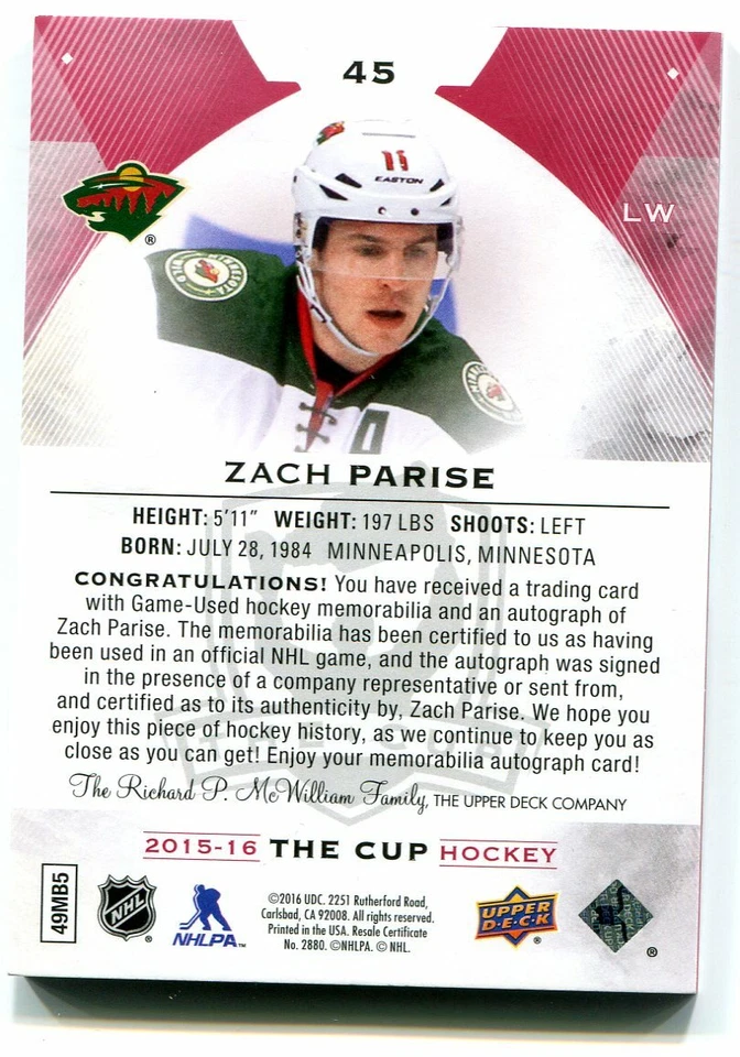 2015-16 The Cup Zach Parise Game Used Patch Autograph Red Logo Auto 3/4 MN Wild - Image 4 of 4