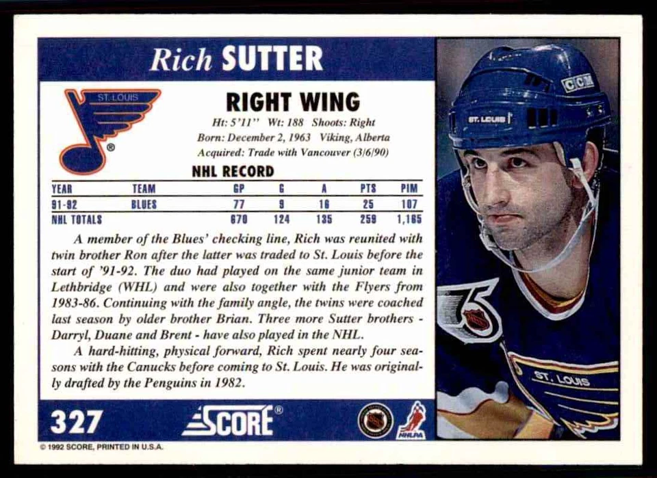1992-93 Score Rich Sutter #327 - Image 2 of 2