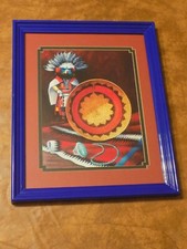 Native American Kachina Glass Picture Blue Framed Wall Art 