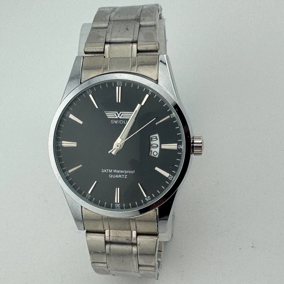 Reloj de Cuarzo SWIDU Sin Usar Hombre 30m Plateado Negro Fecha Analógico Batería Nueva 8" Foto 2 de 4