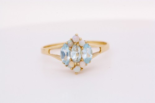 9ct Topacio Azul Oro Amarillo Y Ópalo Tamaño O Compromiso Anillo Británico Hecho - Imagen 5 de 12
