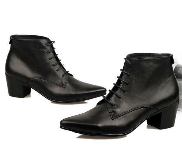 Mens Pointed Toe Real Leather Cuban Heel Lace Up Boots Shoes Sz Oxfords
