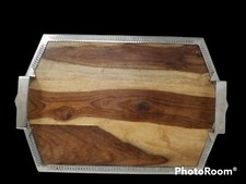 Solid Wood Serving Tray With Metal Edge & Handles Made in India