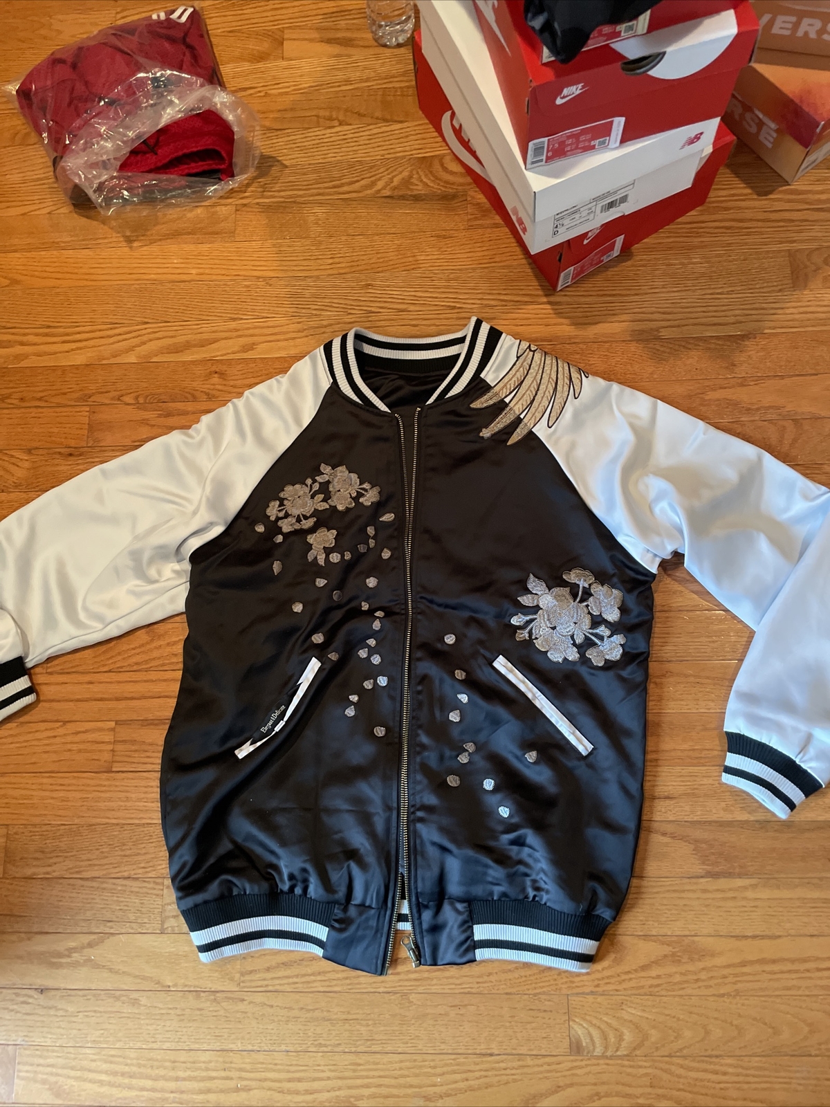 Vintage Satin Bomber Jacket Xxl Flower Stitching Base… Gem