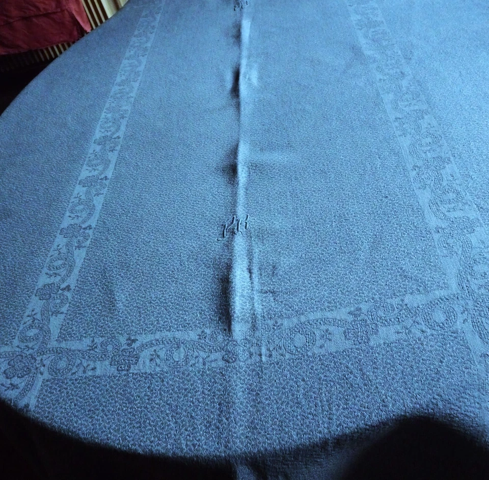 Nappe + 12 serviettes en damassé ancien teintes en multicolore monogramme PR - Photo 4/4